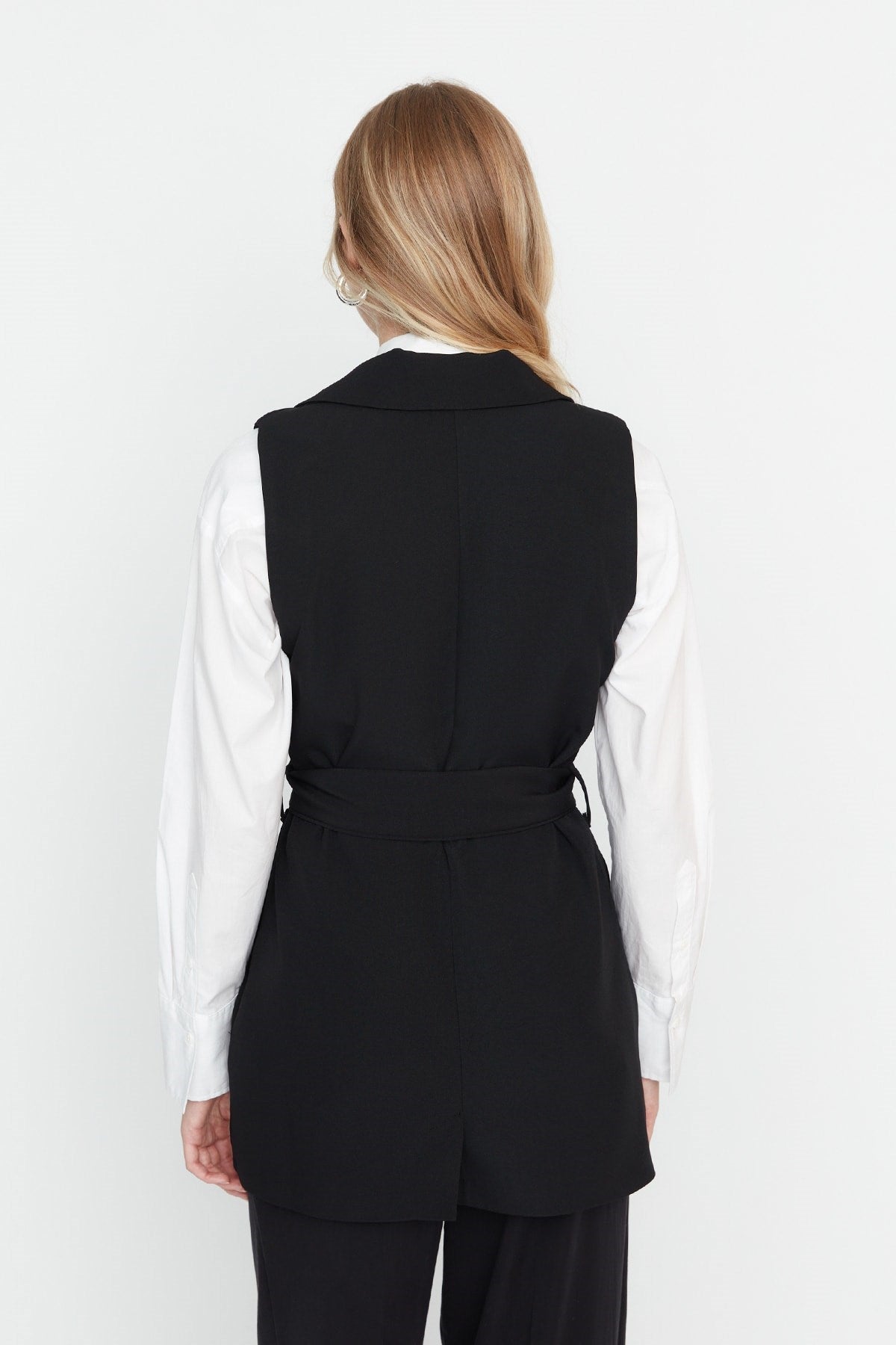 Black Waist Belted Jacket Collar Woven Vest Tctaw23yl00014