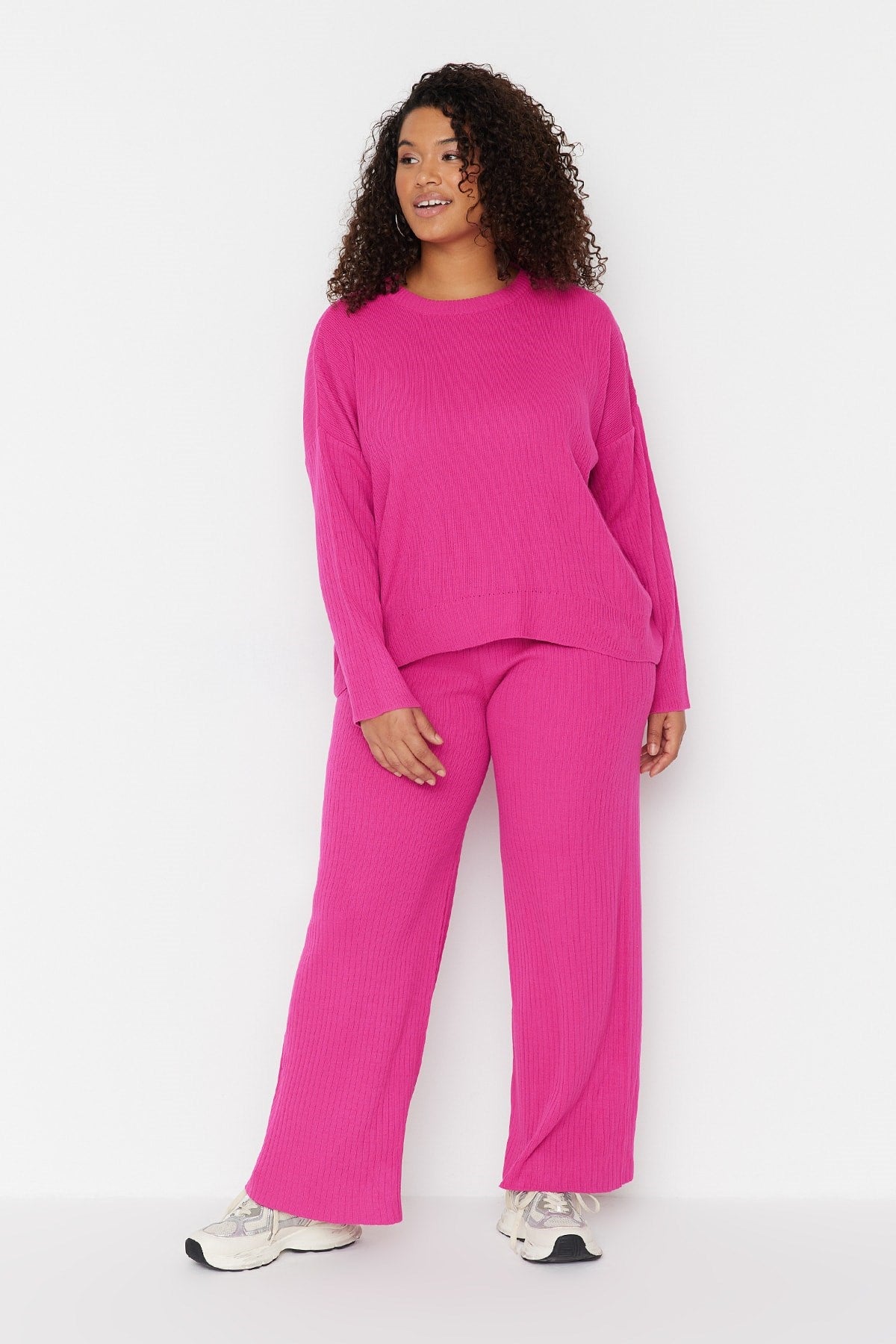 Fuchsia Ribbed Crew Neck Knitwear Sweater Pants Suit Tbbaw23cp00044