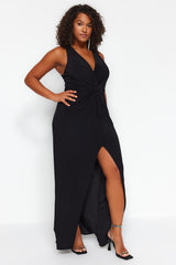 Black Straight Shift Midi Knitted Plus Size Dress Tbbaw24ah00095