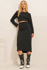 Women's Black Crew Neck Crop Blouse And Midiboy Ribbed Skirt Suit Alc-x10874