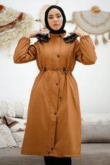 Biye Detail Waist Ruffled 0021 Coat - Brown Ms00or0021