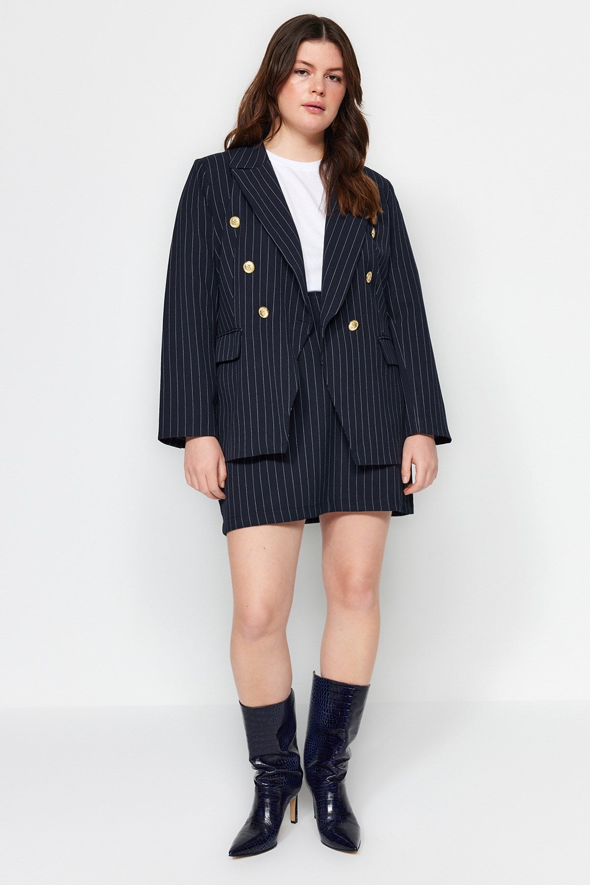 Navy Blue Striped Button Detailed Woven Jacket Tbbaw24ag00027