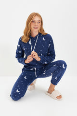 Navy Blue Hooded Galaxy Pattern Fleece Knitted Sleepwear Set Thmaw22pt0365