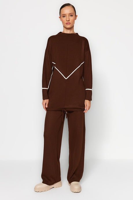 Brown Drawstring Detailed Striped Sweater Sweater Pants Bottom-top Suit Tctaw24us00056