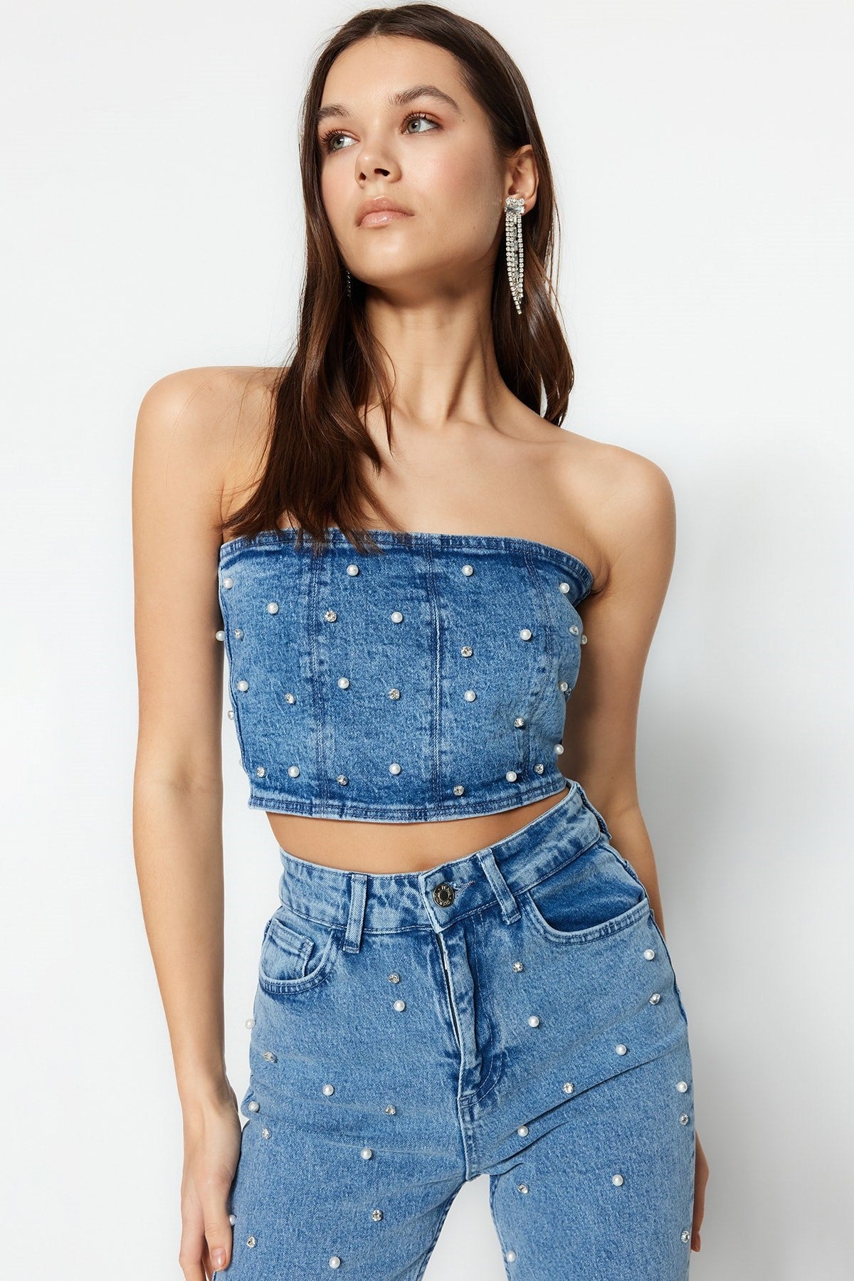 Limited Edition Blue Pearl Detailed Denim Bustier Twoss23bs00018