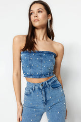 Limited Edition Blue Pearl Detailed Denim Bustier Twoss23bs00018