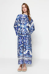 Ethnic Patterned Evening Dress With Blue Satin Finish Tctss23db00028