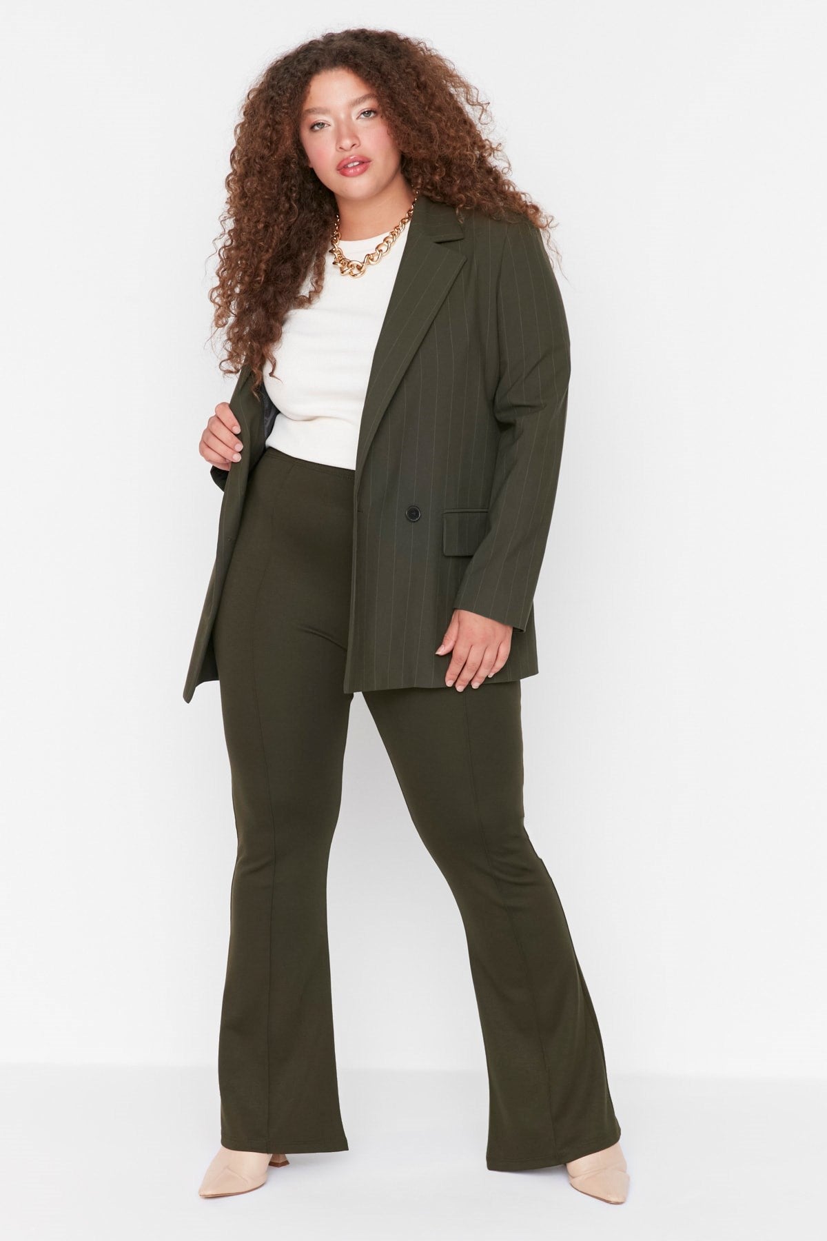 Khaki High Waist Flare Knitted Pants Tbbss22pl0299