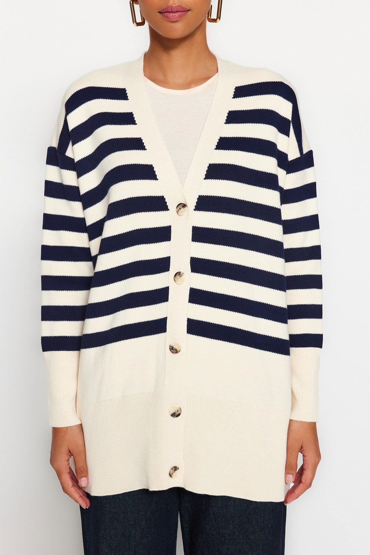 Stone Navy V Neck Striped Knitwear Cardigan Tctaw24th00034