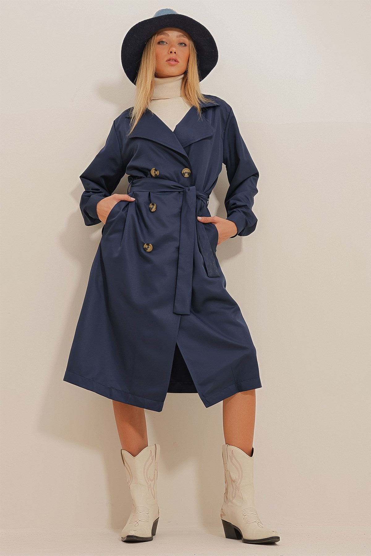 Women's Navy Blue Double-breasted Collar Waist Belted Sleeves Cuffed Seasonal Trench Coat Alc-x10980