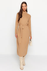 Beige Belted Pearl Detailed Long Knitwear Dress Tctaw24eb00016