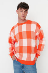 Orange Mens Oversize Fit Wide Pattern Crew Neck Plaid Pattern Knitwear Sweater Tmnaw23kz00045