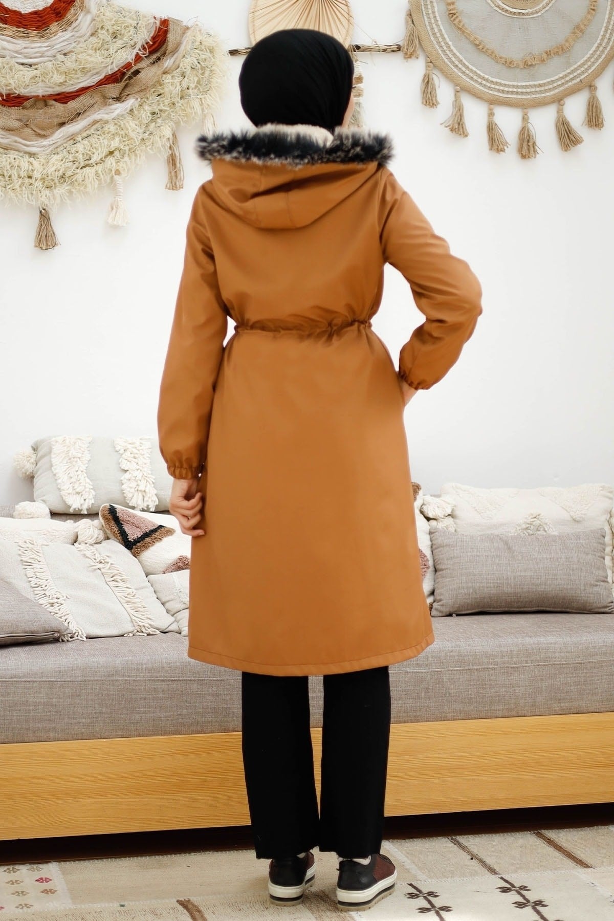 Biye Detail Waist Ruffled 0021 Coat - Brown Ms00or0021