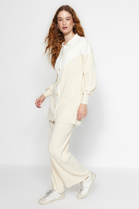 Light Beige Color Block Ribbed Cardigan-pants Knitwear Bottom-top Suit Tctaw24us00090