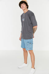 Anthracite Men's Oversize/wide Cut Crew Neck Short Sleeve Printed T-shirt Tmnss22ts0282