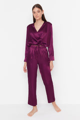 Purple Double Breasted Collar Waist Detailed Satin Woven Sleepwear Set Thmaw23pt00034