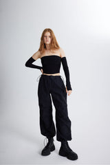 Elastic Parachute Pants With Adjustable Waist And Leg Black Hlss23-00051