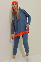 Women's Indigo Floor Hooded Sweatshirt And Tracksuit Two-piece Suit Alc-x7144