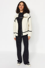 White Plush Faux Leather Detailed Coat Twoaw24kb00215