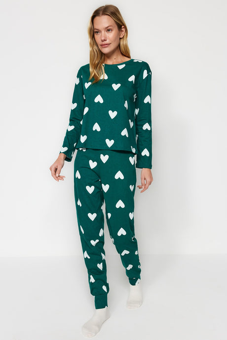 Emerald Green 100% Cotton Heart Pattern Tshirt-jogger Knitted Sleepwear Set Thmaw21pt0566