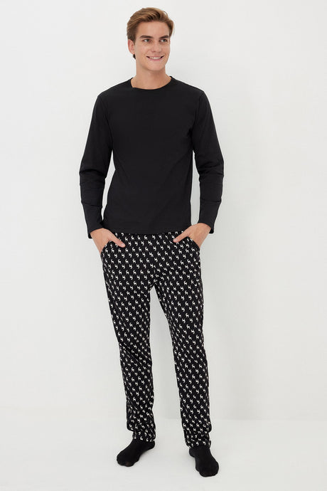 Men's Black Regular Fit Printed Knitted Sleepwear Set Tmnaw24pt00024