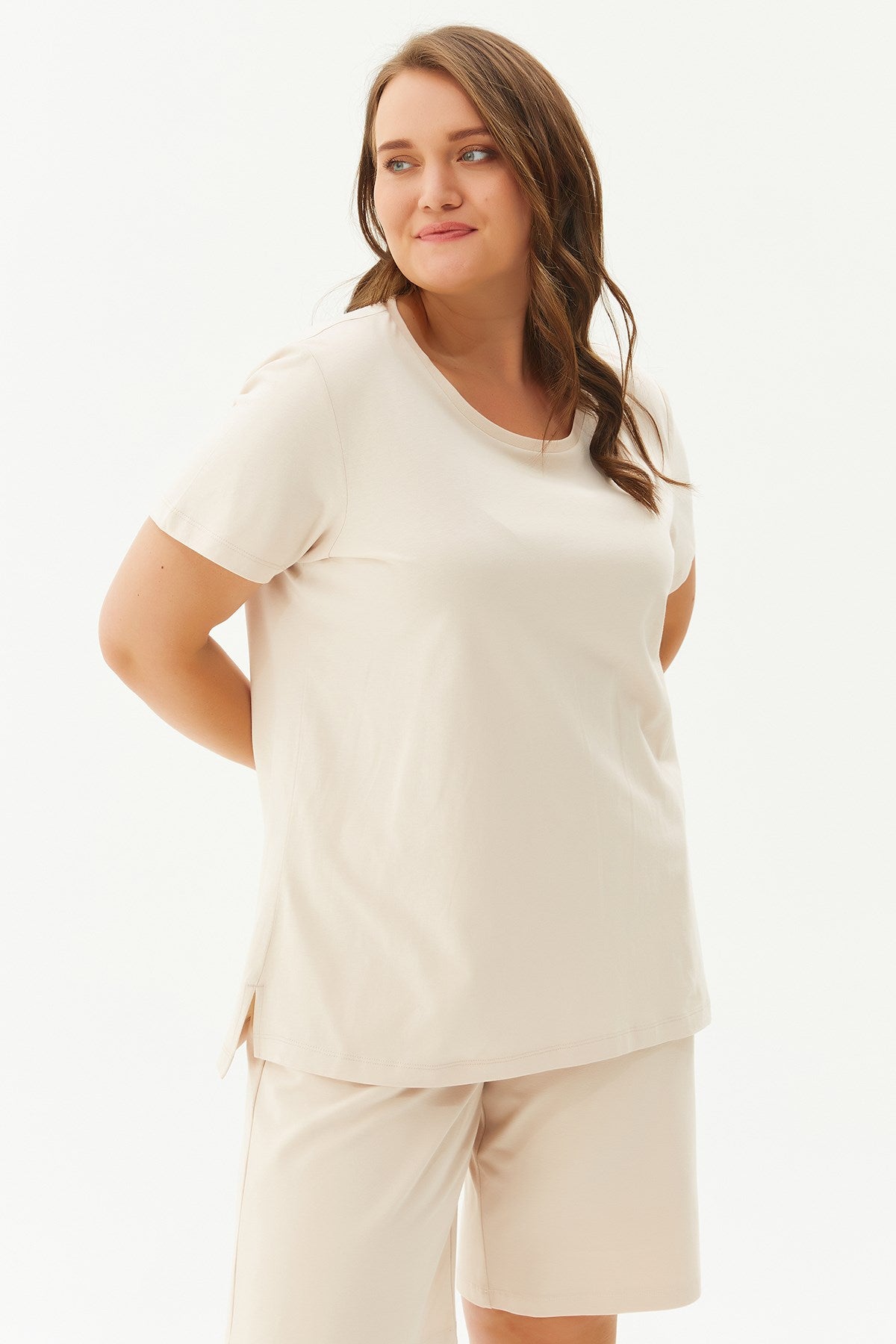 Women's Cream Plus Size 100% Cotton Crew Neck Back Long Basic Short Sleeve Sports Casual T-shirt 010