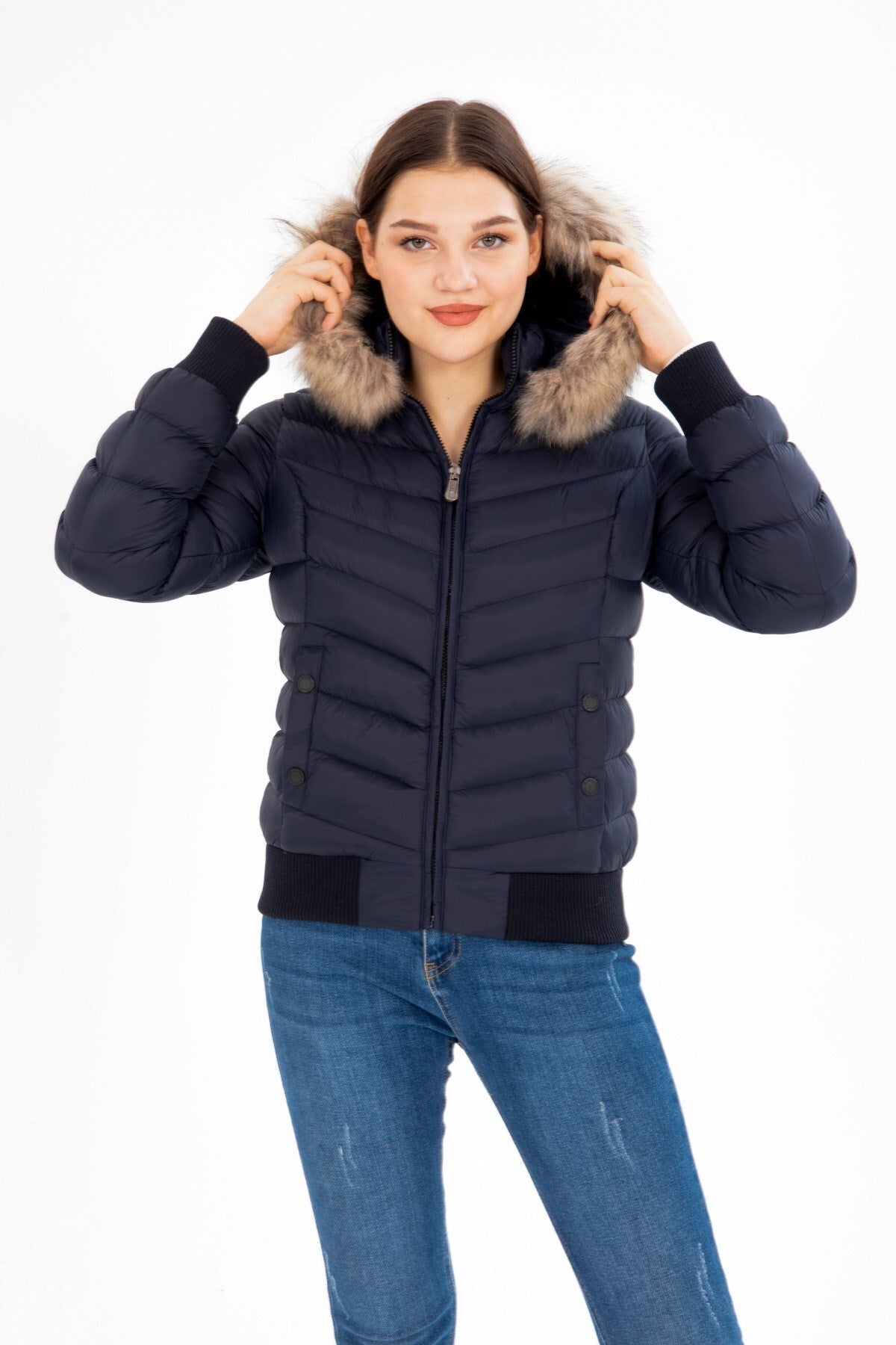 Women's Short Removable Fur Hooded Padded Water Repellent Inflatable Coat 8637 Gfx8637