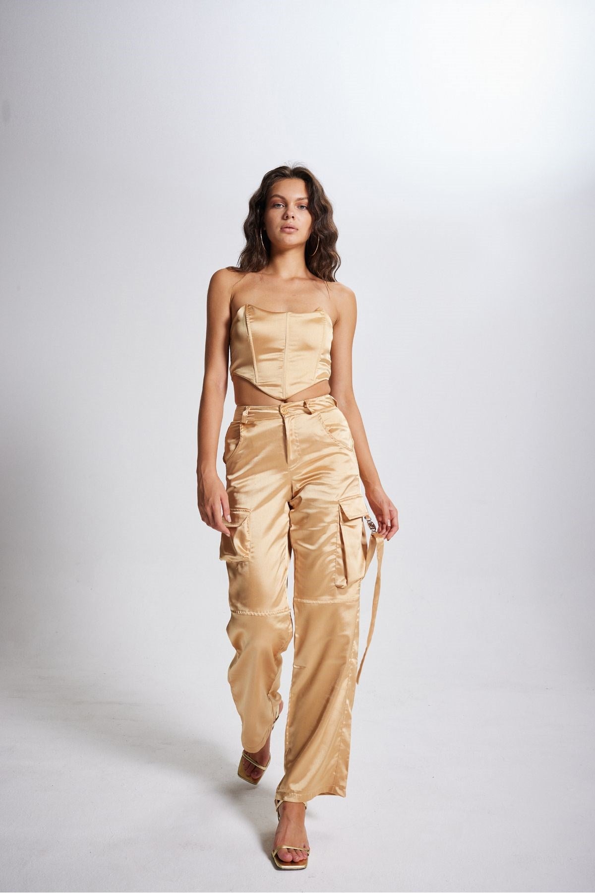 High Waist Cargo Pocket Satin Maddy Pants Beige Hlmaddypants