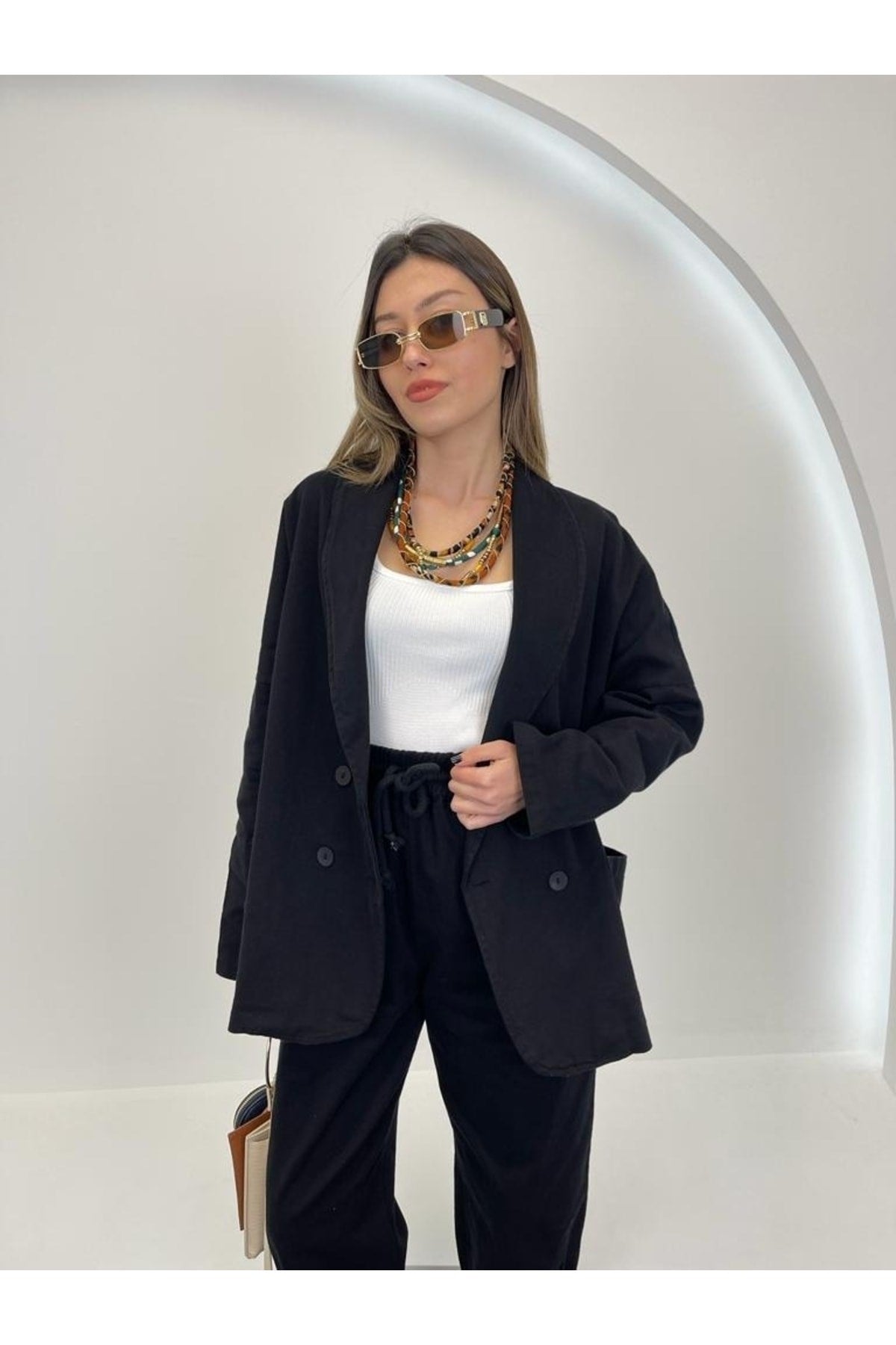 Black Gabardine Oversize Jacket Pants 50566