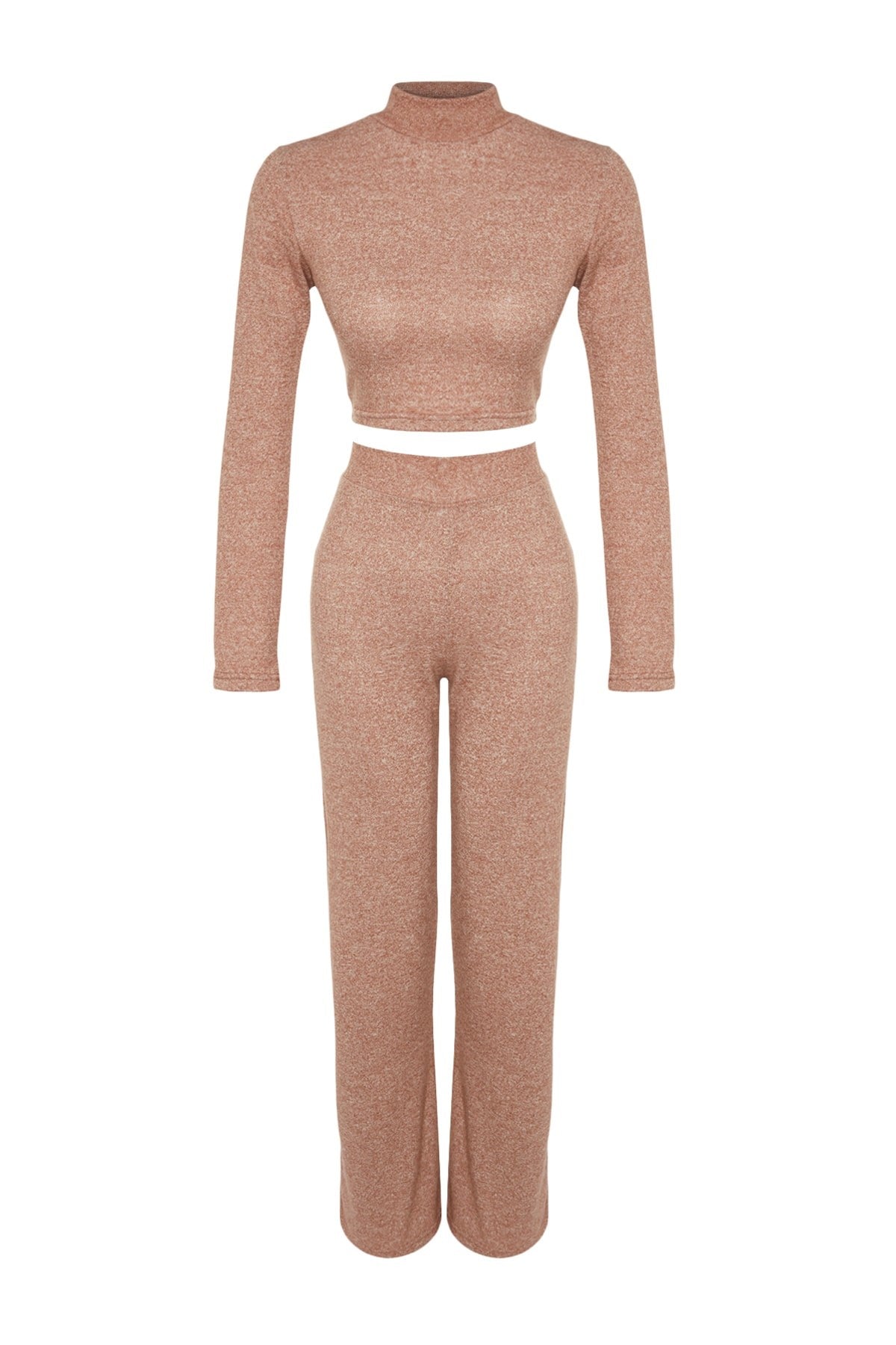 Brown Straight Collar Chunky Crop And Wide Legg/wide Leg Knitted Bottoms Top Suit Twoaw24au00077