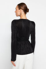 Black Pleated Detail Double-breasted Closure Ruffle V-neck Blouse Twoaw24bz00278