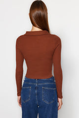 Brown Fitted/body Fitting Crop Polo Collar Ribbed Cotton Stretch Knit Blouse Twoaw23bz00130