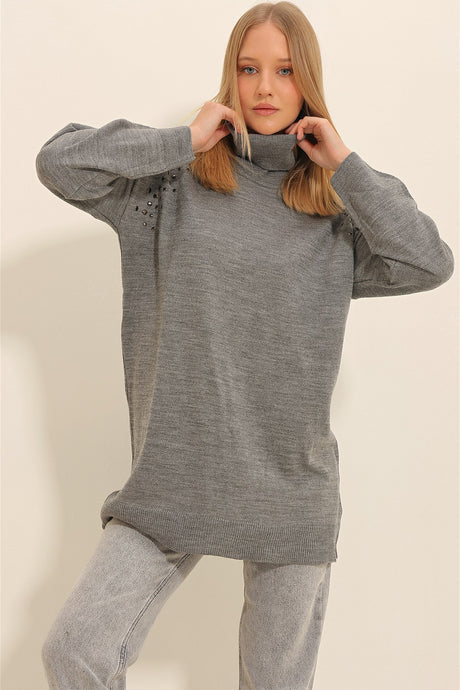 Women's Grey Turtleneck Shoulder Pleated Oversize Knitwear Sweater Alc-x11338