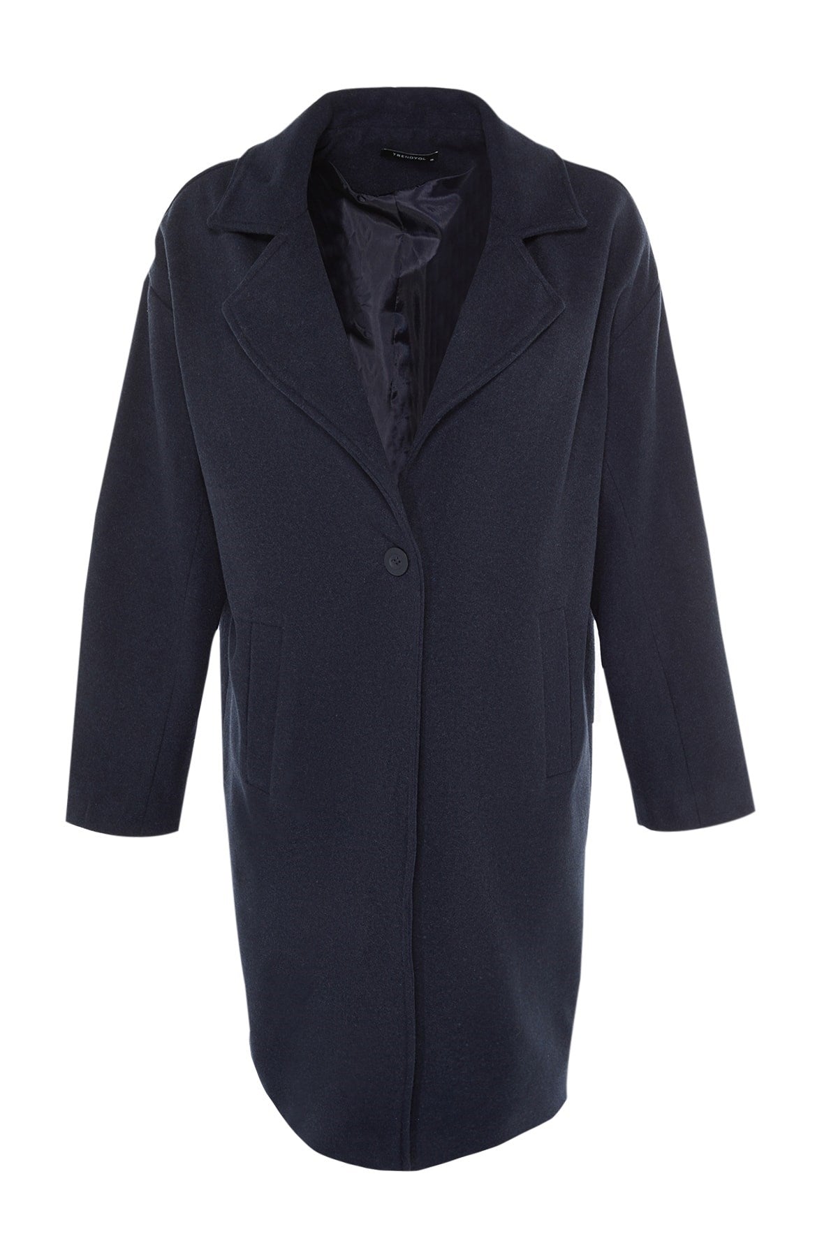 Navy Blue Jacket Collar One-button Lined Cashmere Coat Tctaw23ab00004