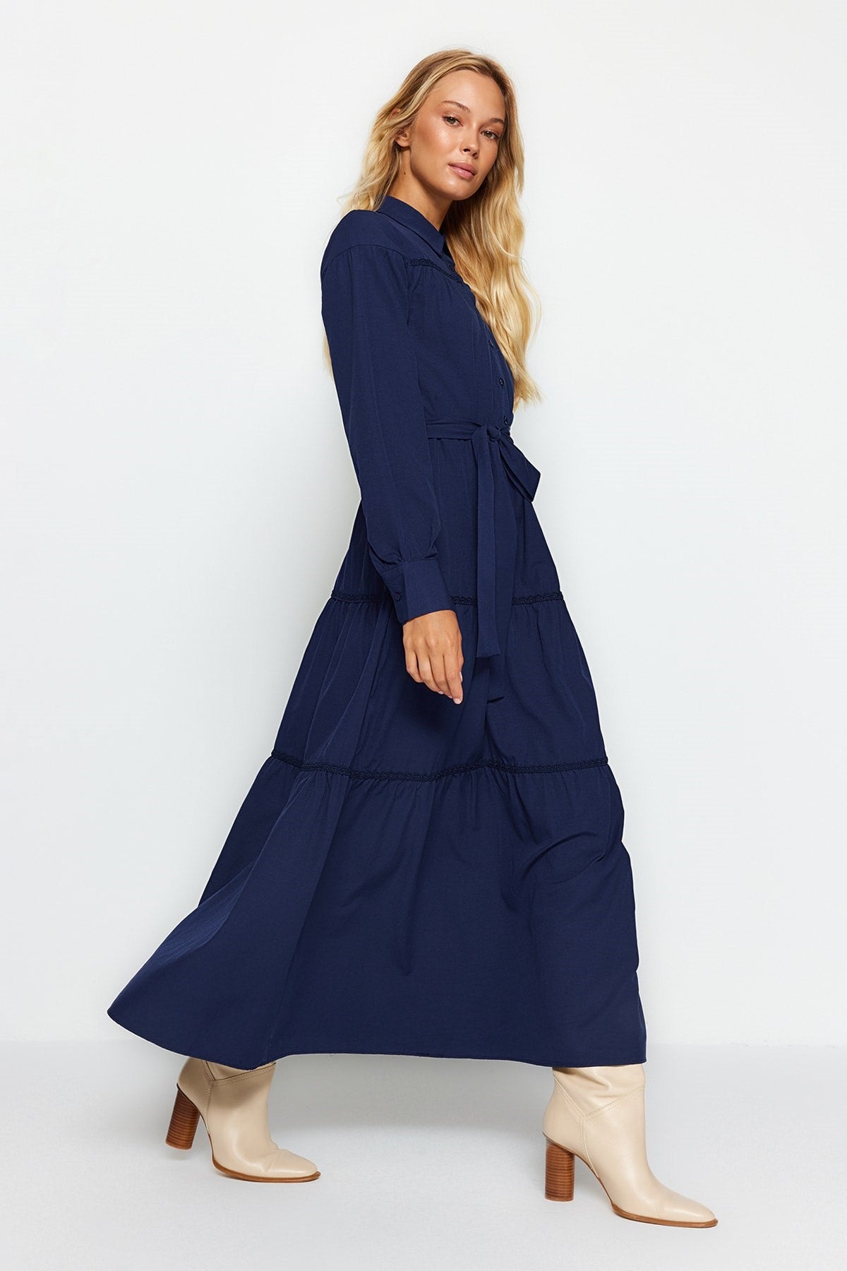 Navy Blue Belted Stripe Guipure Detailed Half Pat Cotton Woven Dress Tctss23eb00076