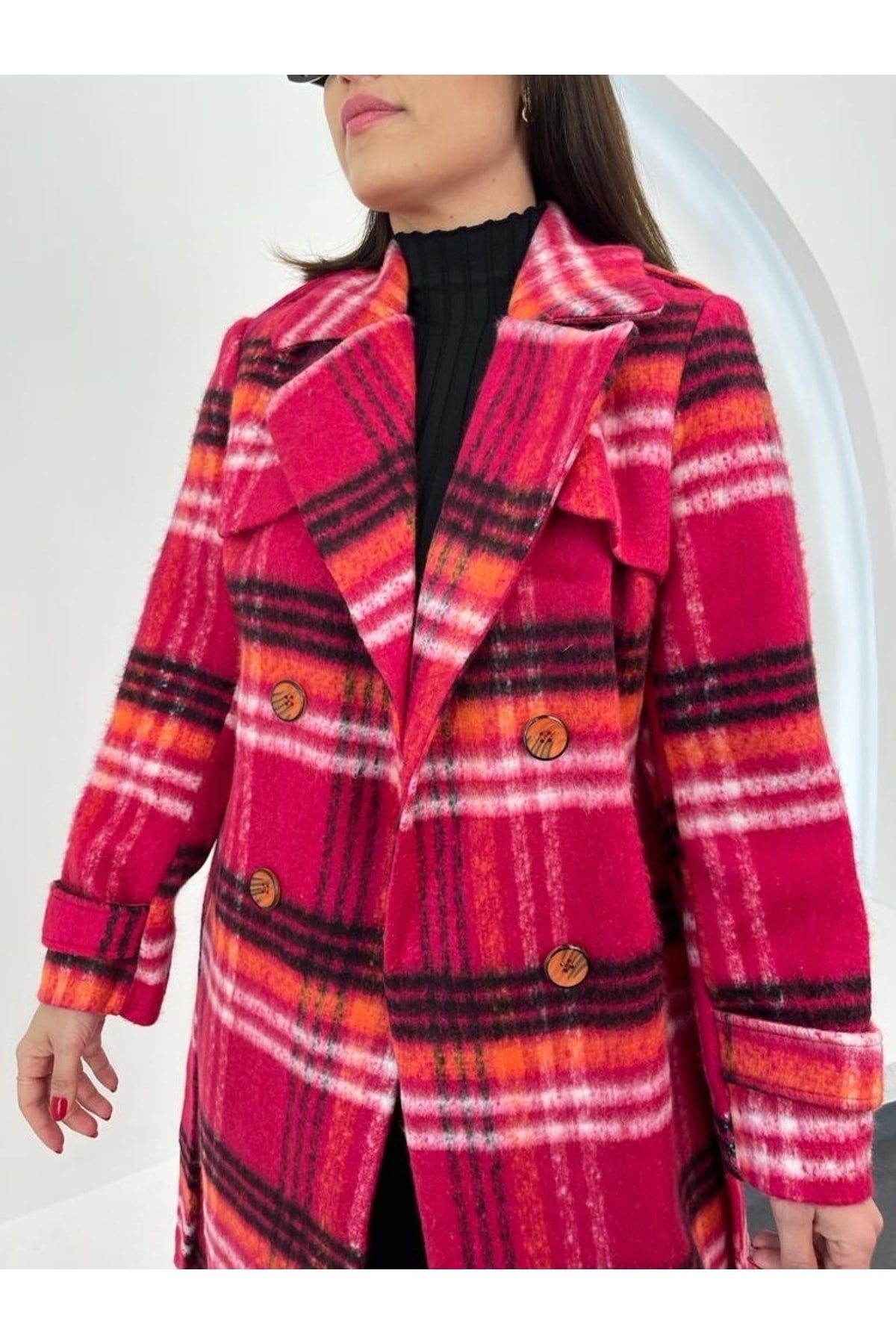 Premium Coat With Fuchsia Plaid Ey-1090