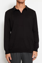 Men's Black Regular Fit Polo Neck Openwork And Line Detailed Cotton Knitwear Sweater Tmnaw24kz00068