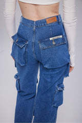 High Waist Wide Leg Cargo Jeans Blue Hlcargojean