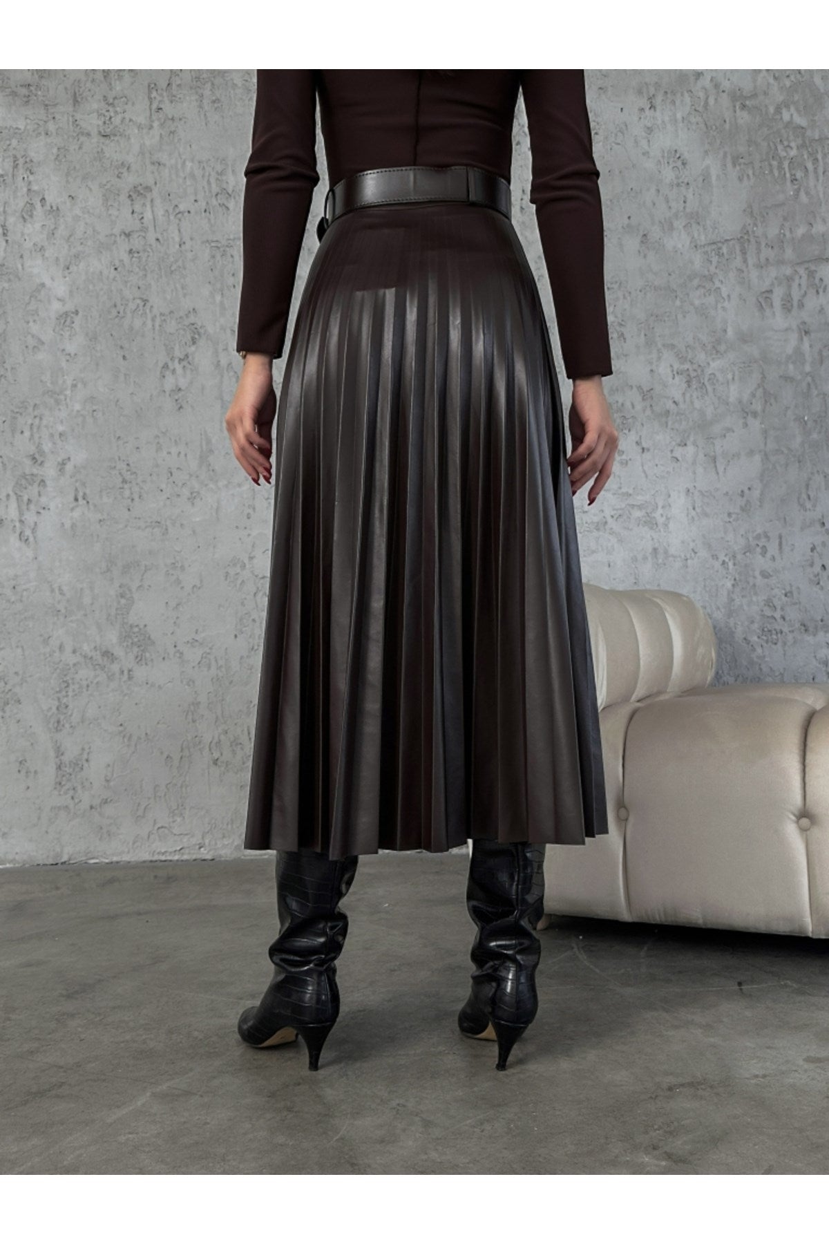 Leather Skirt With Tulle Pleat Belt 37007