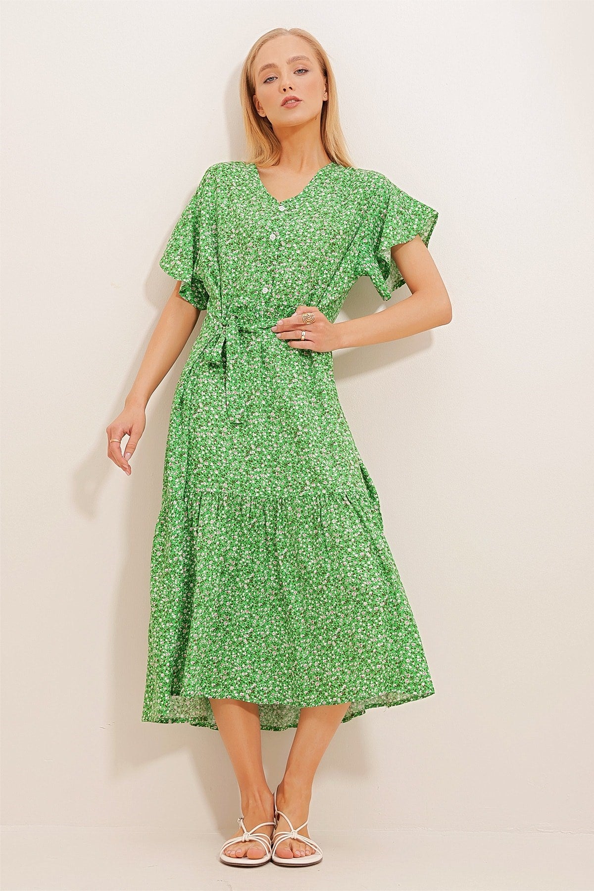 Women's Green V Neck Front Buttoned Patterned Viscose Woven Dress Alc-x10226