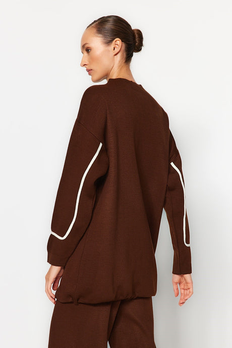 Brown Drawstring Detailed Striped Sweater Sweater Pants Bottom-top Suit Tctaw24us00056