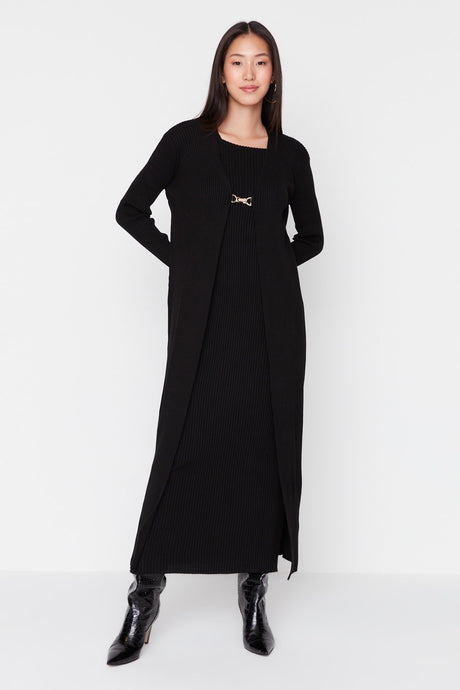 Black Ribbed Dress-cardigan Knitwear Suit Tctaw23us00118