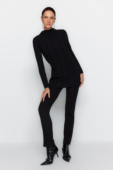 Black Ribbed Detailed Knitted Blouse-pants Bottom-top Suit Tctaw24us00082