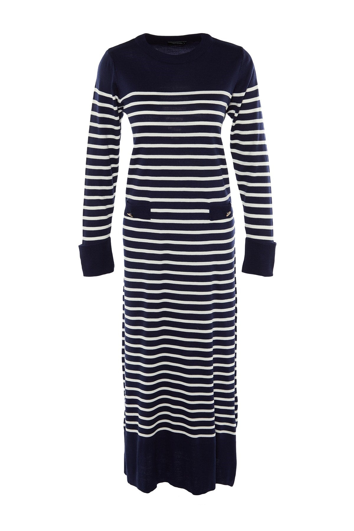 Navy Blue Striped Blouse Collar Knitwear Dress Tctaw23eb00012