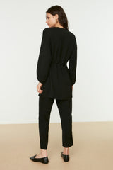 Black Waist Tie Pocket Detailed Aerobin Shirt-pants Suit Tctss21au0238