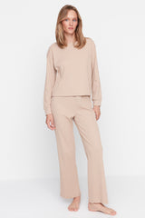 Beige Ribbed Knitted Pajama Set Thmaw21pt0009