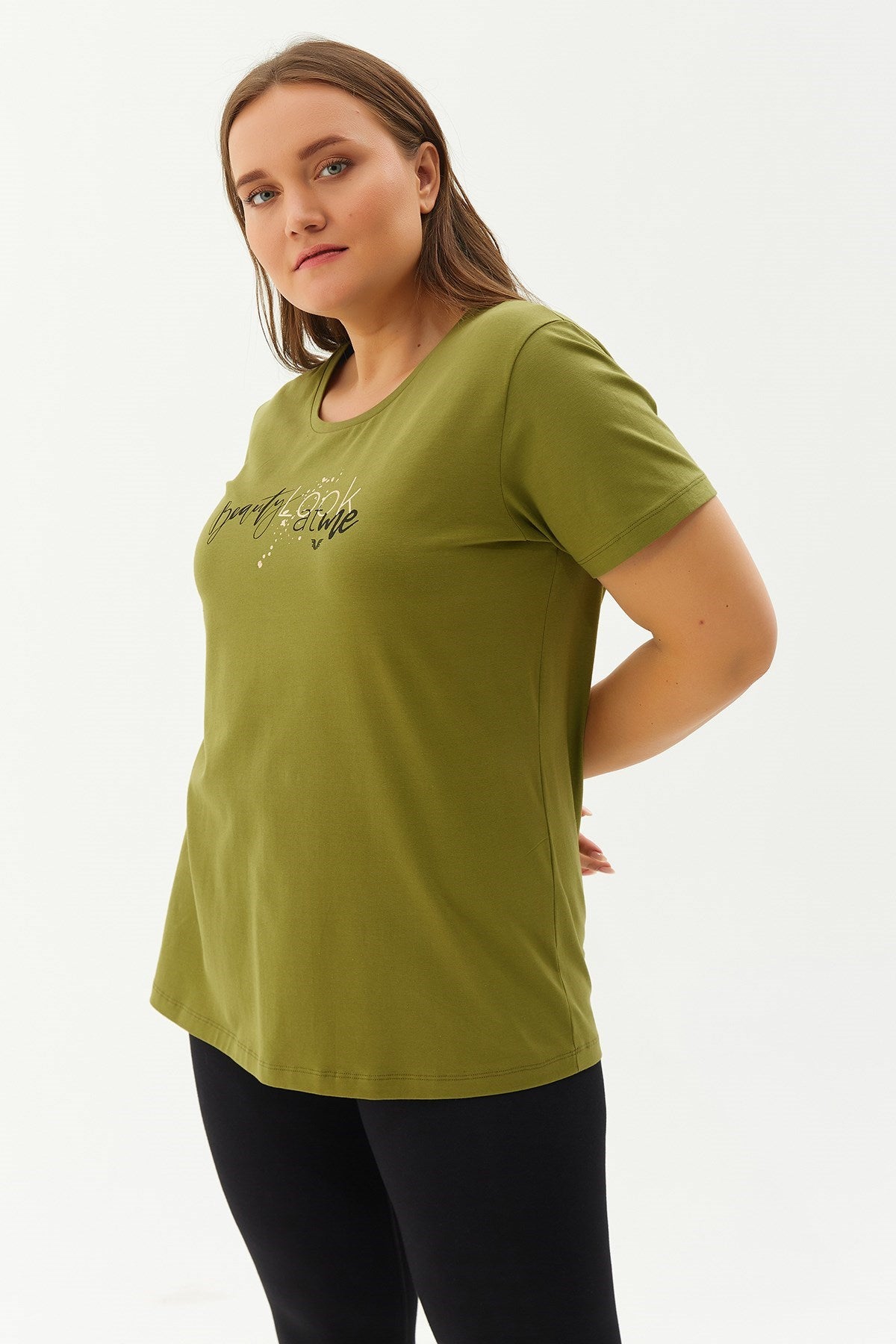 Women's Green Plus Size Cotton Letter Printed Short Sleeve Sport&casual T-shirt 0276 Tb22wl07s0276-1