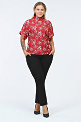 Floral Print Pleated Blouse With Stand Collar - Red Tyc00624854290