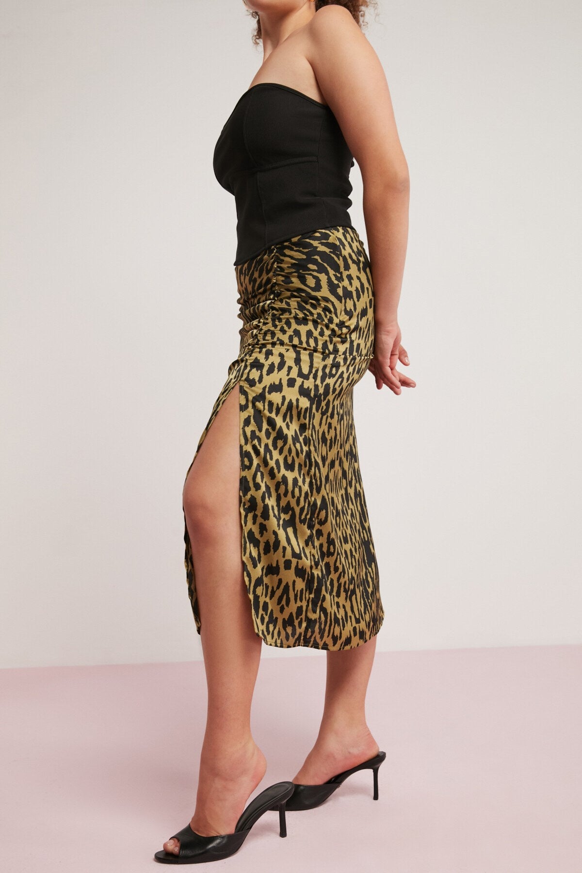 Jena Women Plus Size Bubble Satin Look Drape Detailed Slit Midi Leopard Print Dress Jena01072023