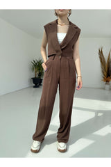 Coffee Striped Linen Vest Pants Suit 50842